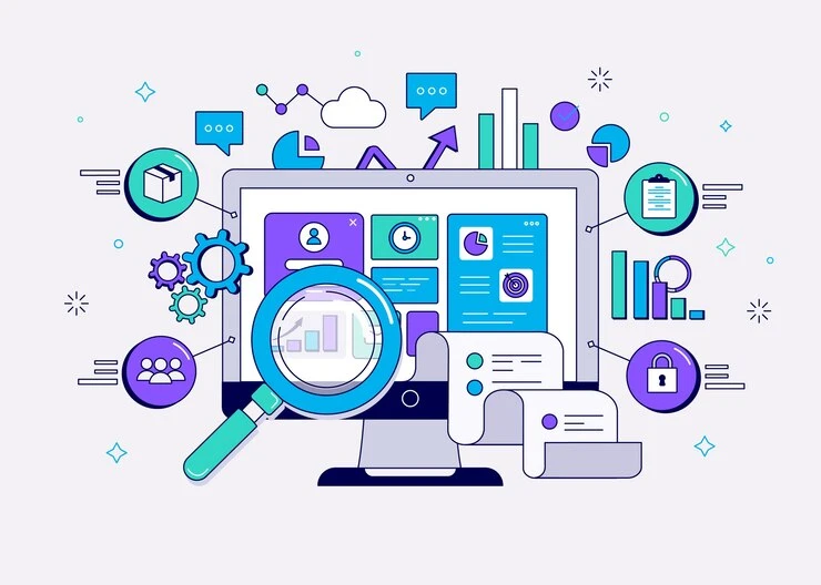 Imagem ilustrativa sobre Testes Automatizados, mostrando um computador com dados, gráficos, engrenagens e ícones representando a automação de processos.