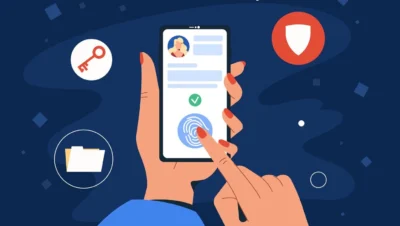 Ilustração de uma mão segurando um celular, acessando aplicativos seguros com autenticação biométrica e ícones de segurança.