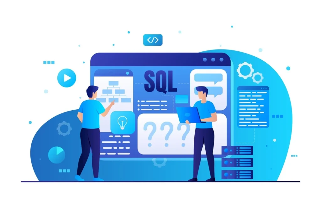 Dois desenvolvedores analisando atualizações de software em uma tela com informações sobre SQL e gráficos. A imagem ilustra o processo de atualização de software.