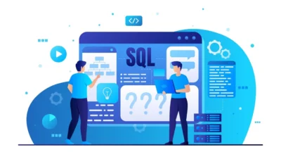 Dois desenvolvedores analisando atualizações de software em uma tela com informações sobre SQL e gráficos. A imagem ilustra o processo de atualização de software.