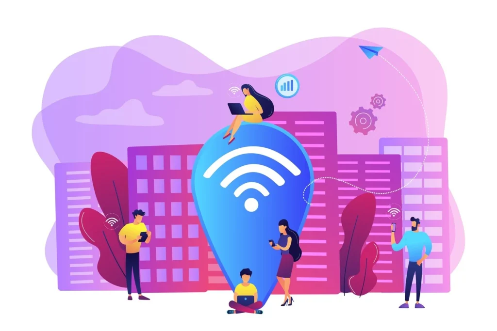 Ilustração sobre Redes Wi-Fi Públicas com várias pessoas utilizando dispositivos móveis em um ambiente urbano, destacando a conexão sem fio.