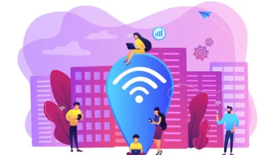 Ilustração sobre Redes Wi-Fi Públicas com várias pessoas utilizando dispositivos móveis em um ambiente urbano, destacando a conexão sem fio.