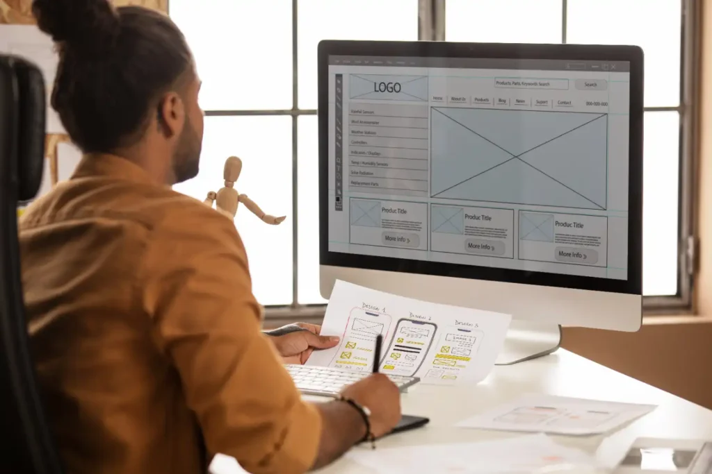 Profissional trabalhando em design de interface no computador, com esboços de arquitetura de site em mãos, focando na criação e estruturação de páginas web.