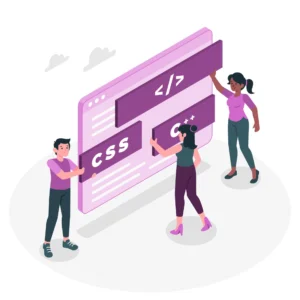 Três desenvolvedores estão trabalhando juntos em um projeto, ajustando códigos CSS e C++. A imagem ilustra a colaboração em automação e identificação de erros.