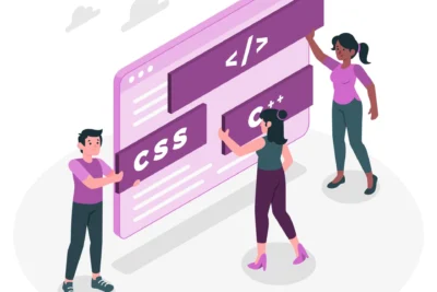 Três desenvolvedores estão trabalhando juntos em um projeto, ajustando códigos CSS e C++. A imagem ilustra a colaboração em automação e identificação de erros.