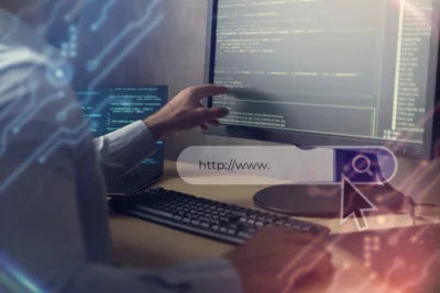 Imagem de um profissional analisando códigos em um monitor com foco em programação e dados, relevante para o tema Core Web Vitals e ranqueamento de sites.